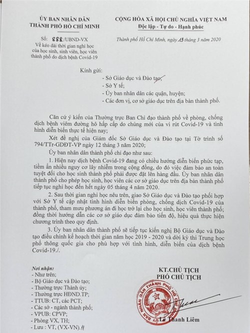 Thông báo kéo dài thời gian nghỉ học của học sinh, sinh viên thành phố do dịch bệnh Covid-19